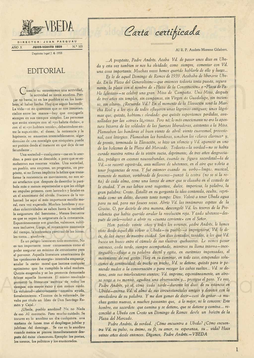 Revista Vbeda. Ao 10. N 103 de julio-agosto de 1959