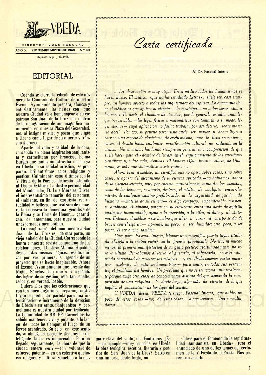 Revista Vbeda. Ao 10. N 104 de septiembre-octubre de 1959