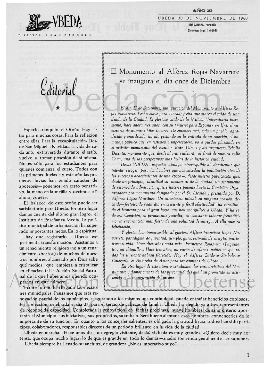 Revista Vbeda. Ao 11. N 110 de 30 de noviembre de 1960